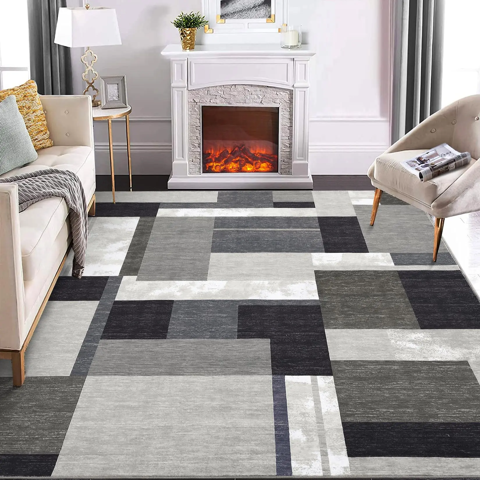 【GARVEE】9x12 Large Area Rug Modern Geometric Washable Rug Non-Slip Backing Low Pile Floor Cover Color-Blocked Soft Mat Contemporary Boxes Print Rug for Bedroom Home Office Guest Room Nursery Brown