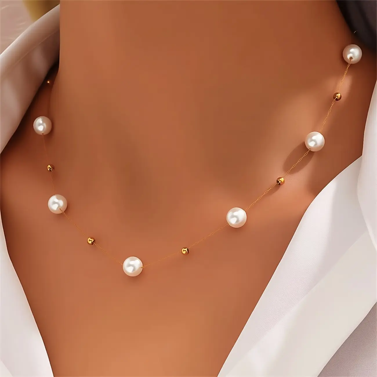 14K Gold Plated Dainty Station Necklace with 100% Genuine Freshwater Baroque Pearls & Minimalist Tiny Polished Metal Balls, Vintage Retro Cool Style Floating Pearl Chain Jewelry for Women Wedding Daily Gift