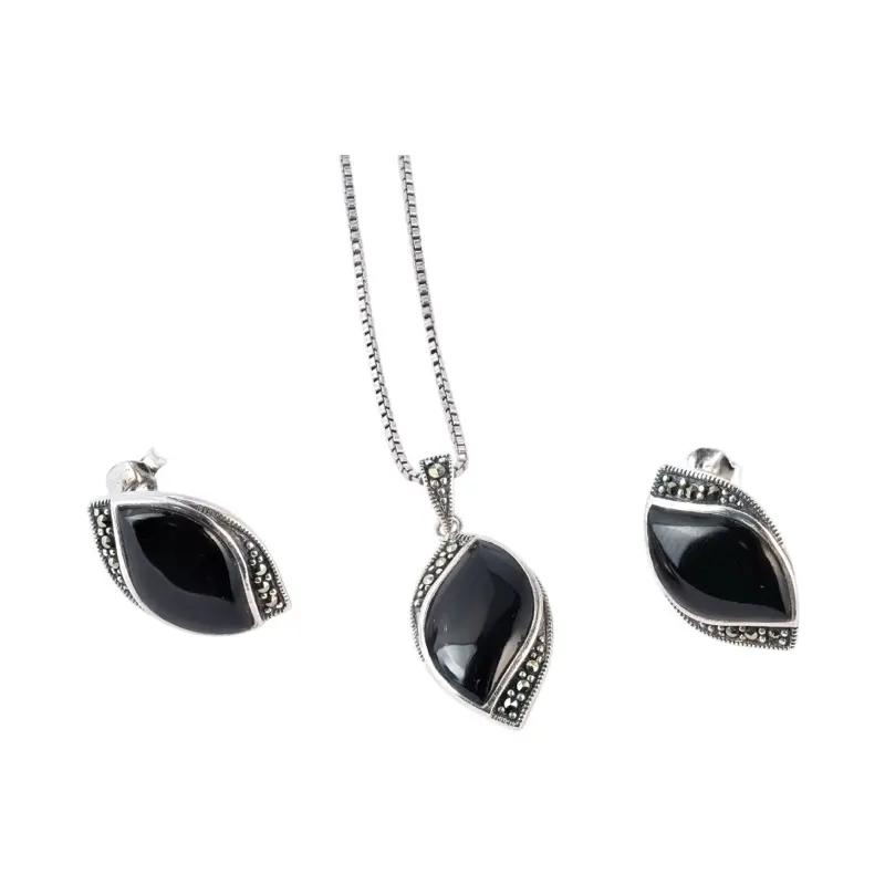925 Sterling Silver Elegant Marcasite Black Leaf Jewelry Set - 1mm Box Chain Necklace (16in, 18in, 20in) + Earrings for Adults, Elegant Jewelry Set