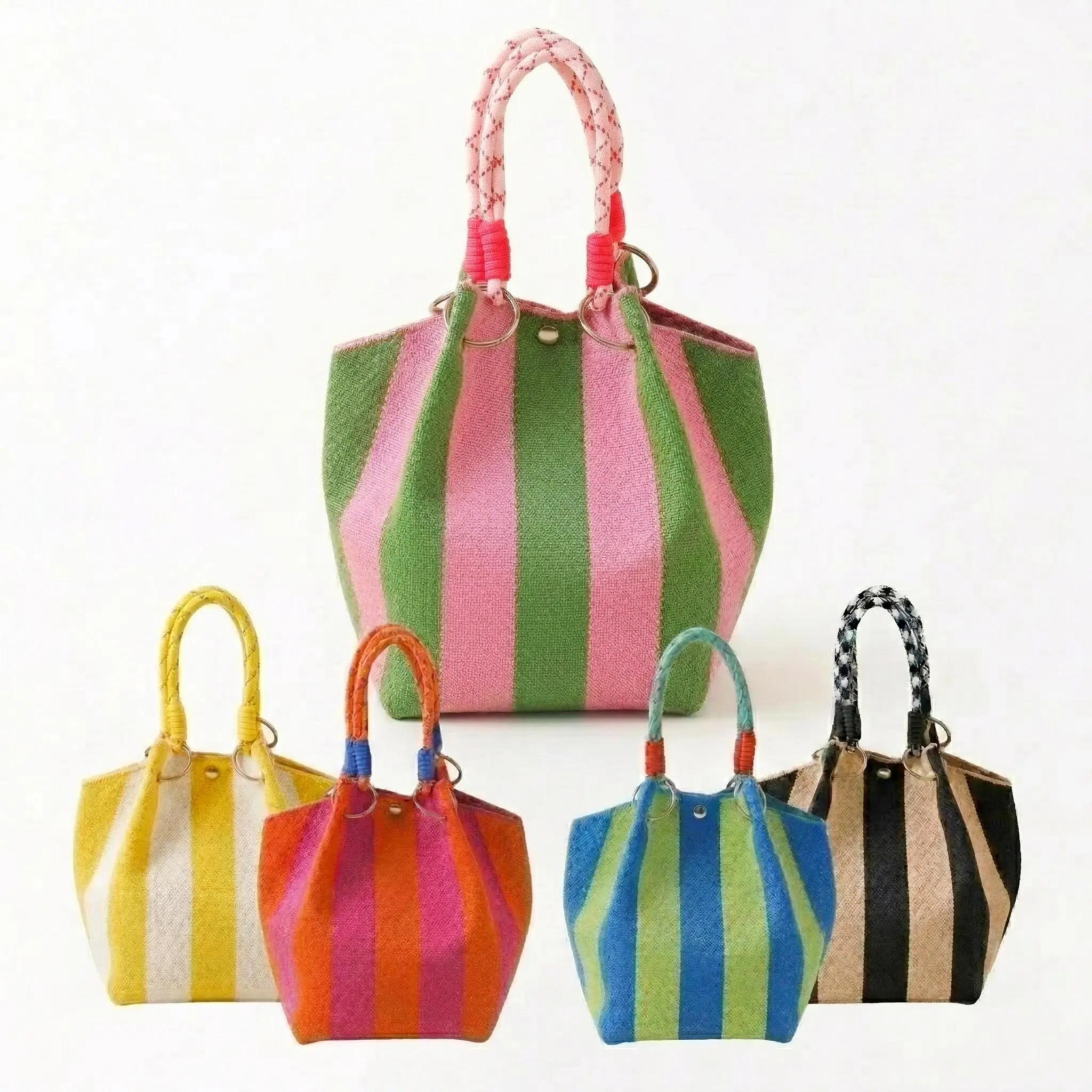 Women's Tote Bags, Fashionable Bohemian Striped Jute Mini Bucket Purse with Square Base & Rope Handles, Casual Trendy Summer Beach Bag, Casual Trendy Purses, Fashionable Bohemian Bag