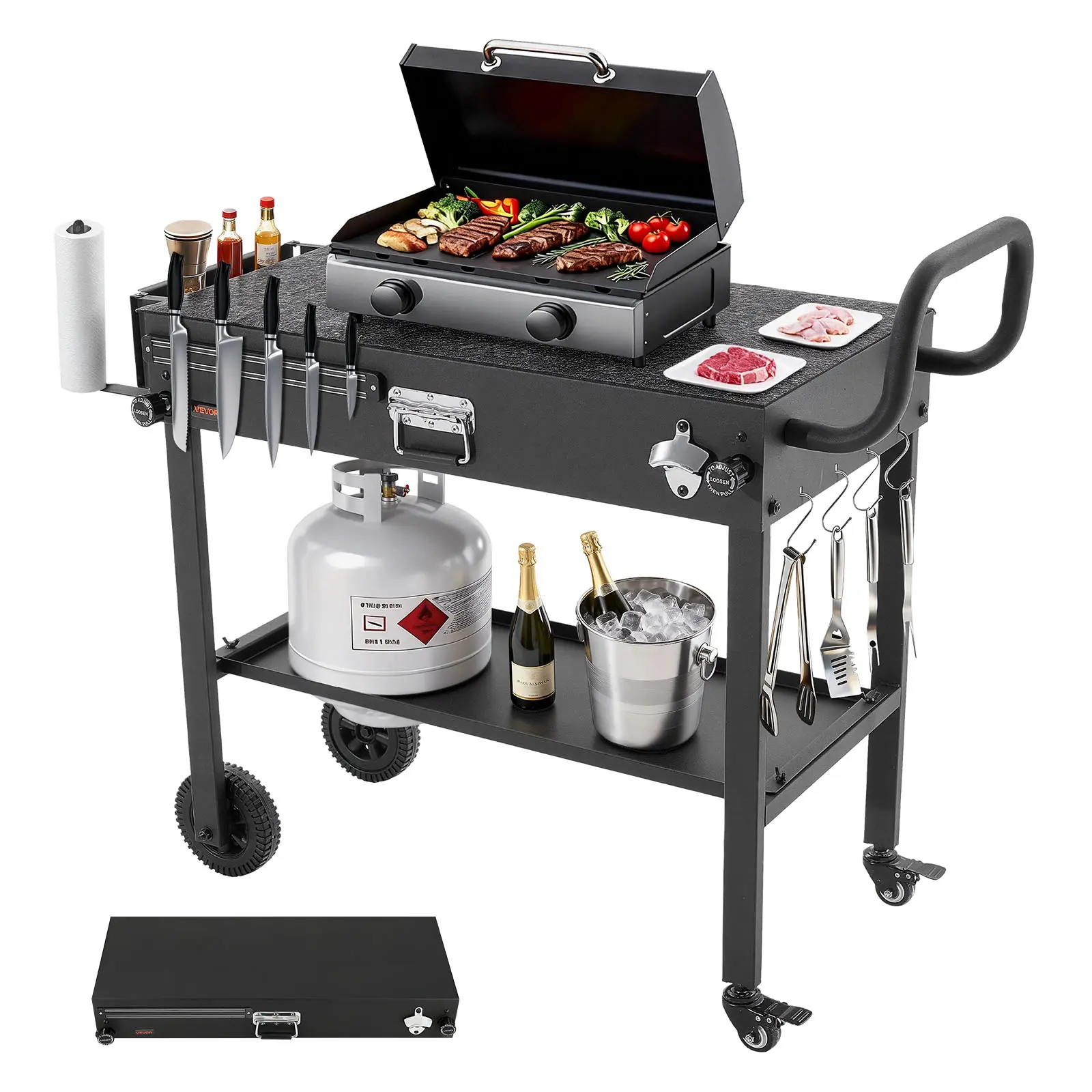 【SummerFinds】VEVOR Outdoor Grill Cart, 31.0 x 17.0 inch Tabletop Size Grilling Table, Foldable Outdoor Cooking Table with Tissue Holder, Wheels, Magnetic Tool Rack, BBQ Prep Tables for Picnic, Kitchen, Courtyard
