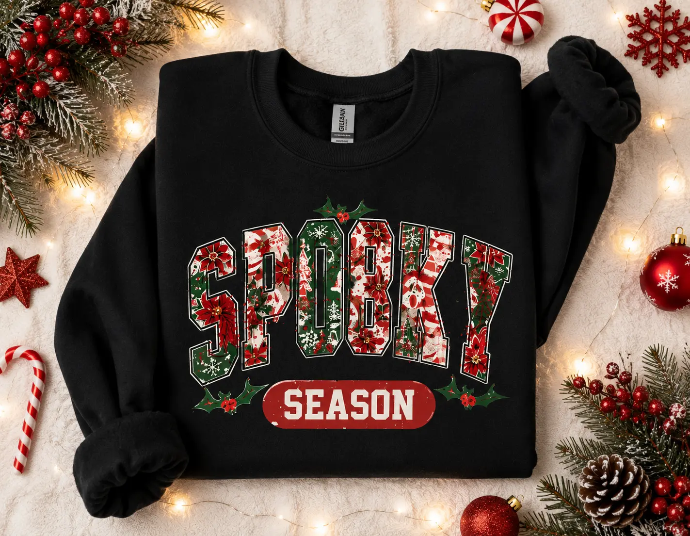 Retro Christmas Spooky Season Sweatshirt, Holiday Poinsettia Floral Pullover, Christmas Goth Crewneck, Festive Winter Graphic Top - HUNTWEAR SHOP