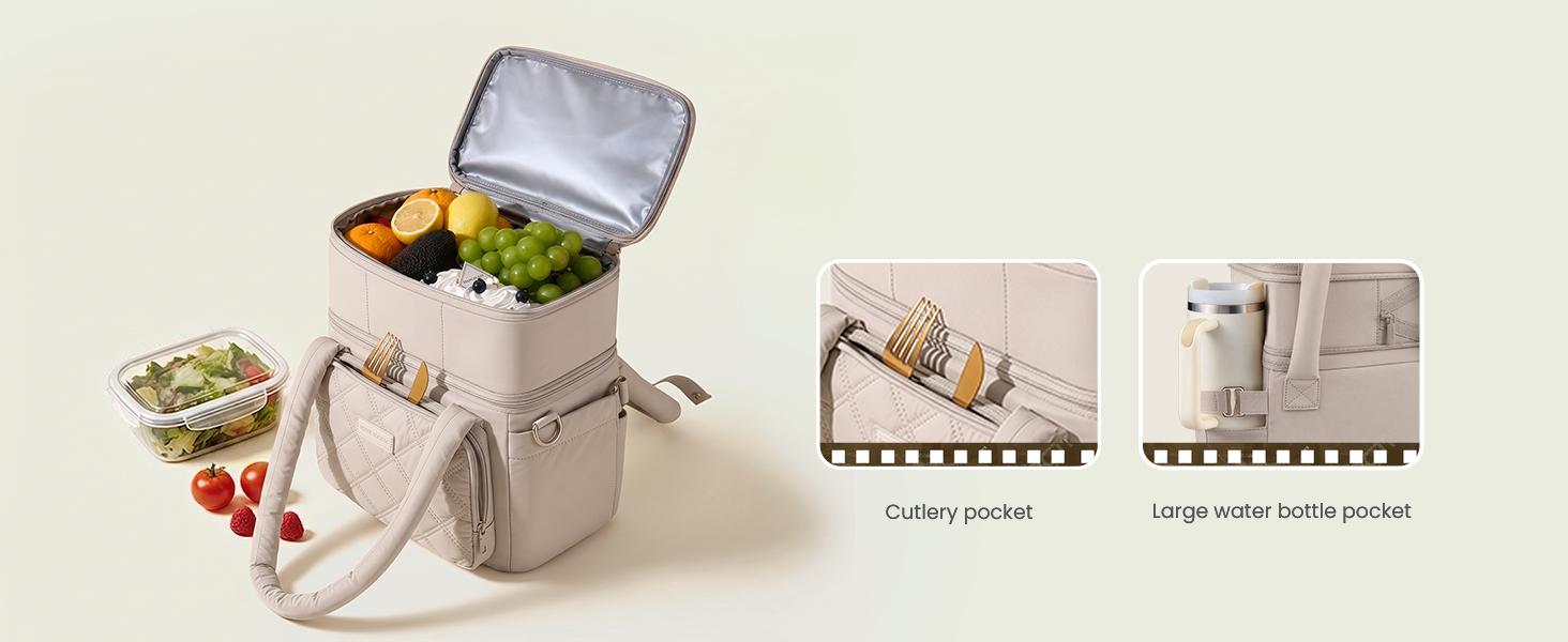 LOVEVOOK Insulated Lunch Bag Women,Expandable Double Deck Adult Lunch Box Women with Cup Holder,Bow Quilted Puffer Lunch Tote,Large Leakproof Collapsible Cooler Bag for Work College Picnic Meal Prep