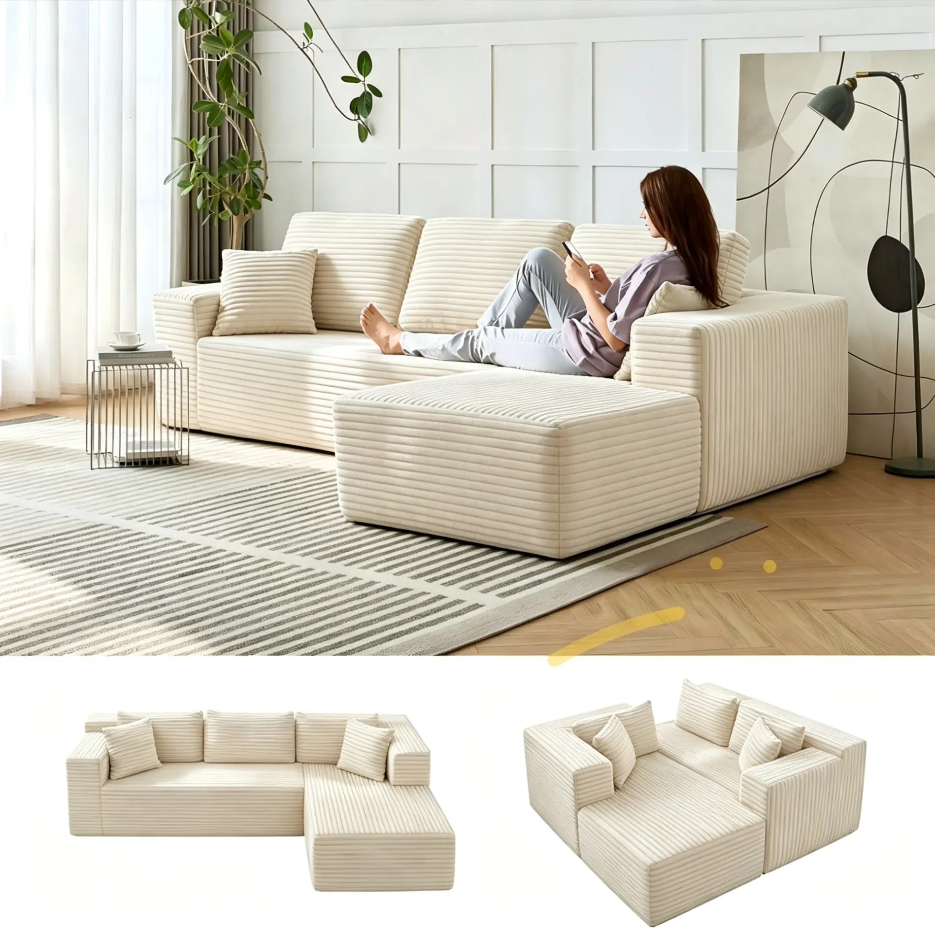 Corduroy L-Shape Chaise Cloud Sectional Sofa - Boneless Compression Sleeper Bed, Modular Modern Design, Deep Seating Upholstered Furniture with High-Density Foam, No Assembly Required for Living Room/Bedroom (Couch in a Box) Chair Recliner back support