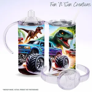 Dinosaur Monster Truck Sippy Cup for Toddlers 12oz Stainless Steel Kids Tumbler with Handles, Slide-Top Lid for Drinking or Straw Use