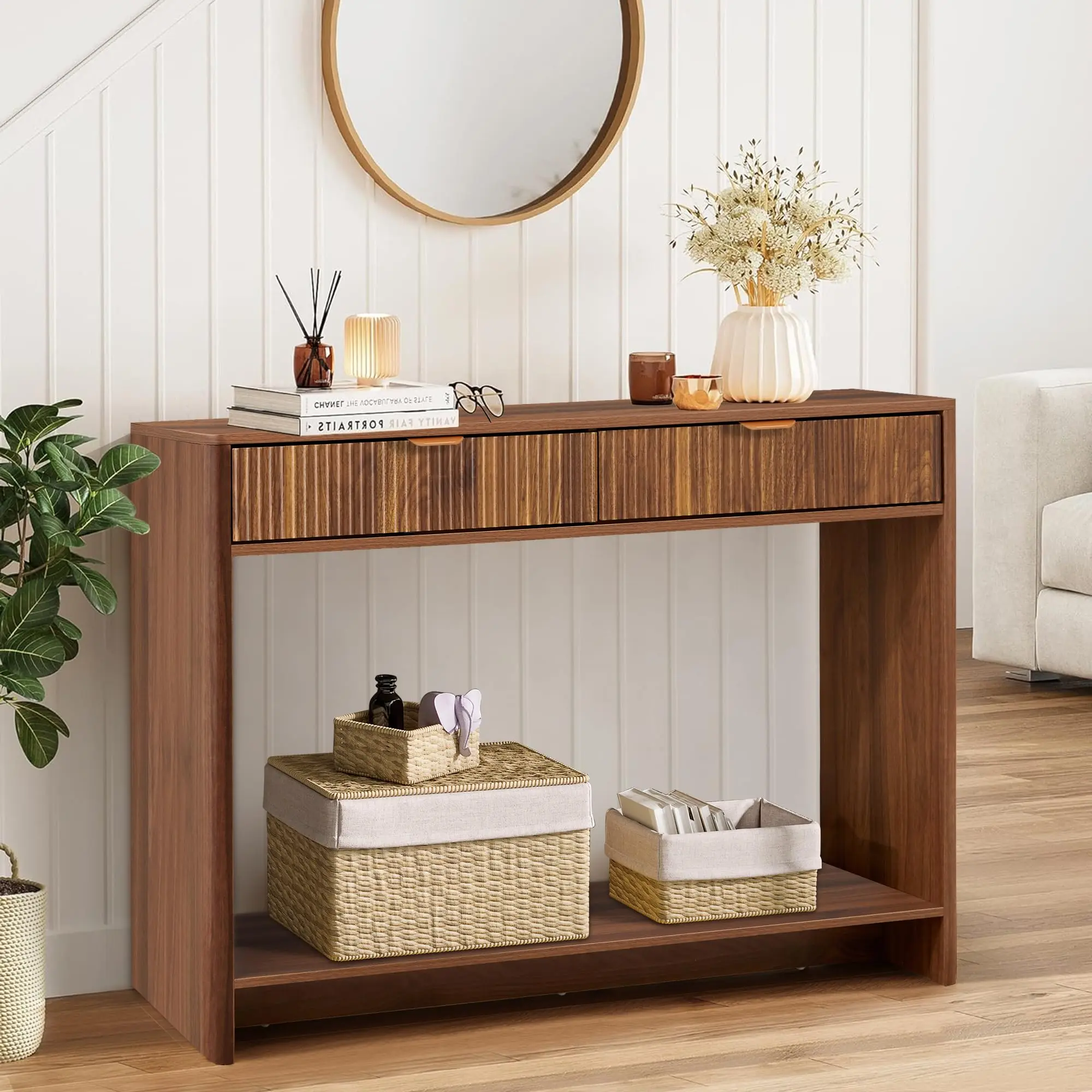 Giratree Narrow Console Table with 2 3 Drawers, Entryway Table with Storage, Table Behind Sofa Long for Living Room TV, Hallway Entrance Foyer, Mid Century Farmhouse Fluted Console Table