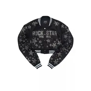 Shanda Black Crop Rhinestone Varsity Jacket