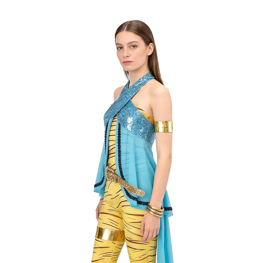 Women's Fitted Monster High Cleo de Nile Cartoon Character Cosplay Clothes - Boat Neck, Striped, Athletic Outfit with Cute Accessories for Halloween, Thanksgiving, Chinese New Year