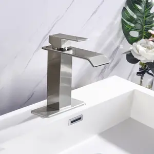 Waterfall Bathroom Faucet Single Handle Single Hole Vanity Sink Faucet with Pop Up Drain, Lead-Free Brass Bathroom Sink Faucet, Soft Aerated Water Flow, Corrosion Resistant Finish for Bathroom Vanity Sink, Brushed Nickel