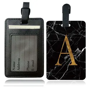 Marble Letter Pattern PU Leather Luggage Tag, 1 Count Durable Suitcase ID Card Holder, Business Cards Waterproof Organizer Case, Unique Letter Theme Travel Accessories, Id Badge Holder