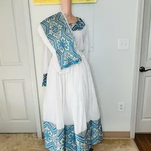 Best Ethiopian Eritrean Cultural Habesha Dress for Women - Traditional White & Blue Embroidered Casual Wear - Womenswear