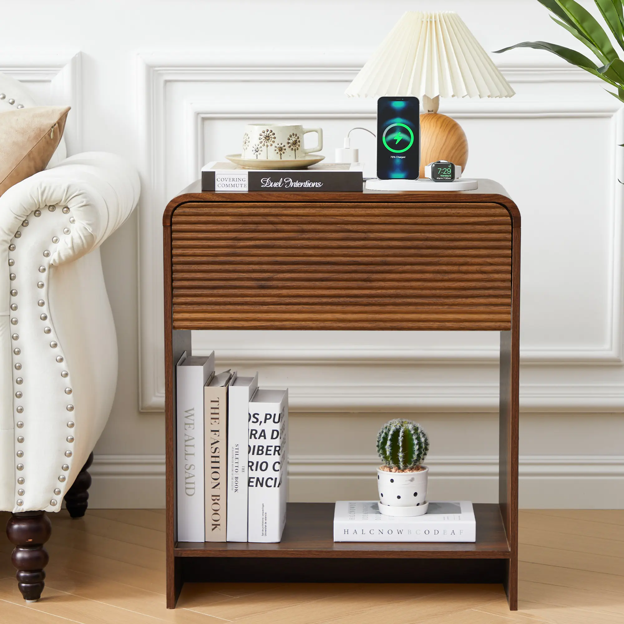 Giratree Modern Fluted Front Nightstand with Charging Station, Engineered Wood Bedside Table with Drawer + Shelf, Small Space Indoor End Table (Single or Set of 2)