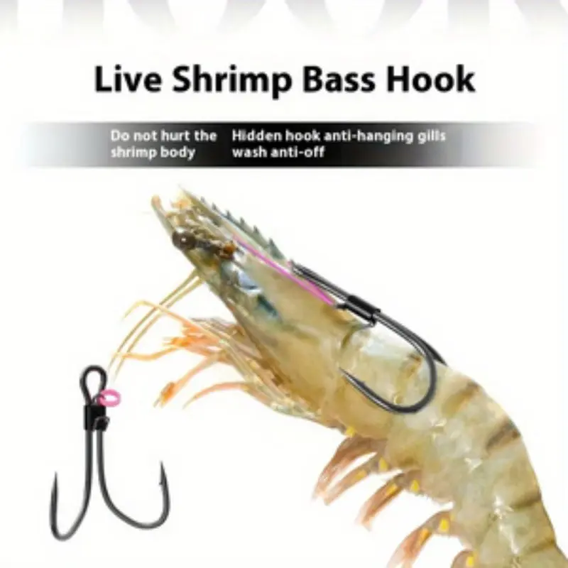A box of 6 Carbon Steel Live Shrimp Fishing Hooks with Barbs, Double Hooks, Fishing Hook Set, Fishing Gear, suitable for catching fierce fish like sea bass and salmon in sea fishing, portable tool with double-hook design