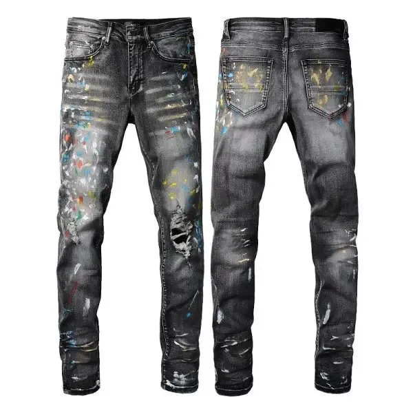 Men's Paint Splatter Graffiti Ripped Jeans - Slim Fit Designer Streetwear Jeans