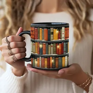 Winter Bookshelf Mug, 3D Bookish Coffee Cup, Snowy Days Mug, Xmas Hot Cocoa Mug, Book Lover Gift, Stocking Stuffer Gift for Book Enthusiast
