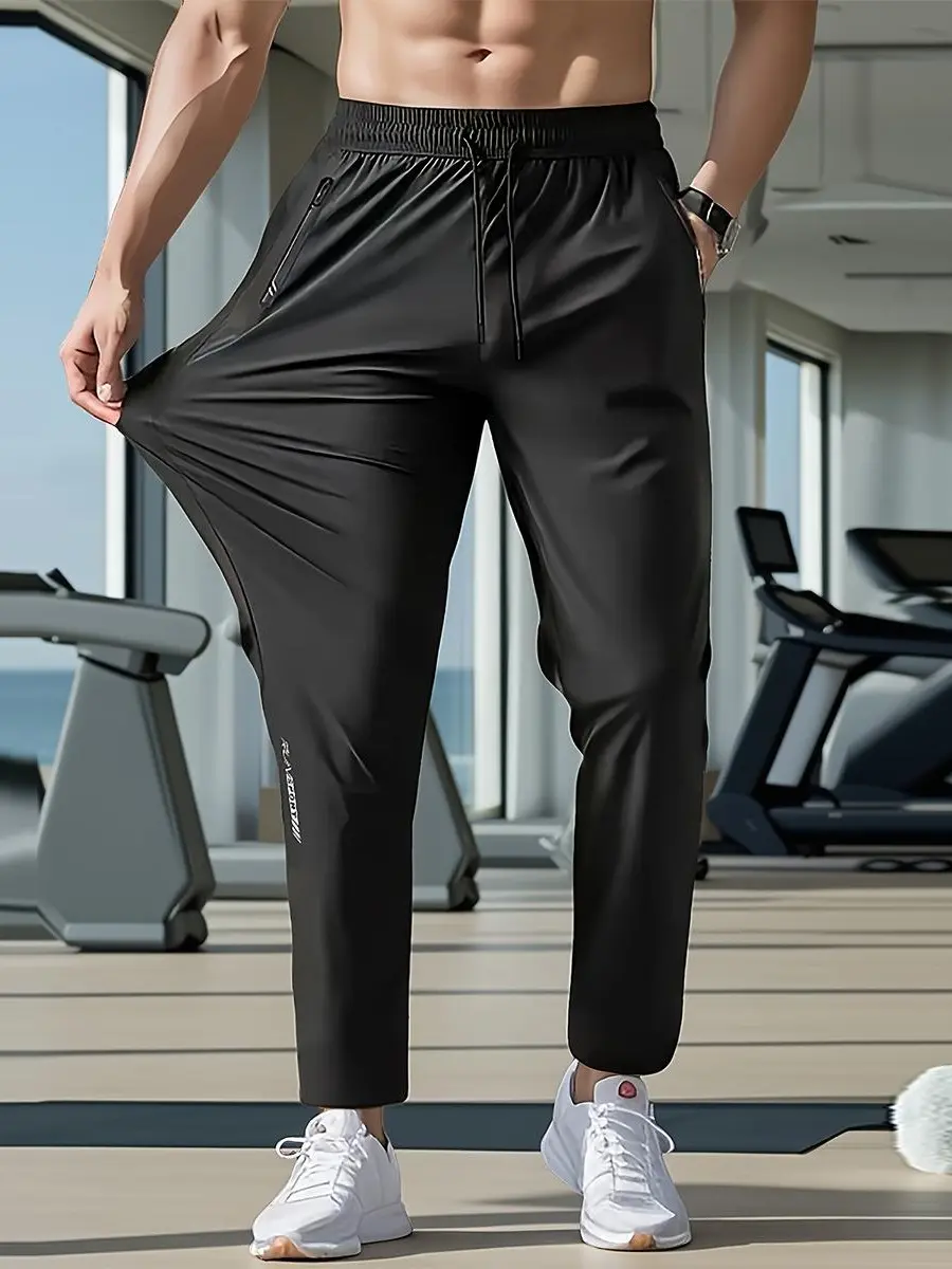 Men's Summer Ice Silk Polyelastane Athletic Long Pants - Soft Fabric, Moisture-Wicking, Quick-Drying, Durable Zip Pockets, Adjustable Drawstring, Printed, Suitable for Gym & Casual Wear