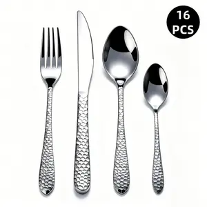 16-Piece Hammered Stainless Steel Cutlery Set, Mirror Polished, Dishwasher Safe, Ideal for Home Kitchen, Parties, Weddings, Gifts, Tableware, Spoon, Fork