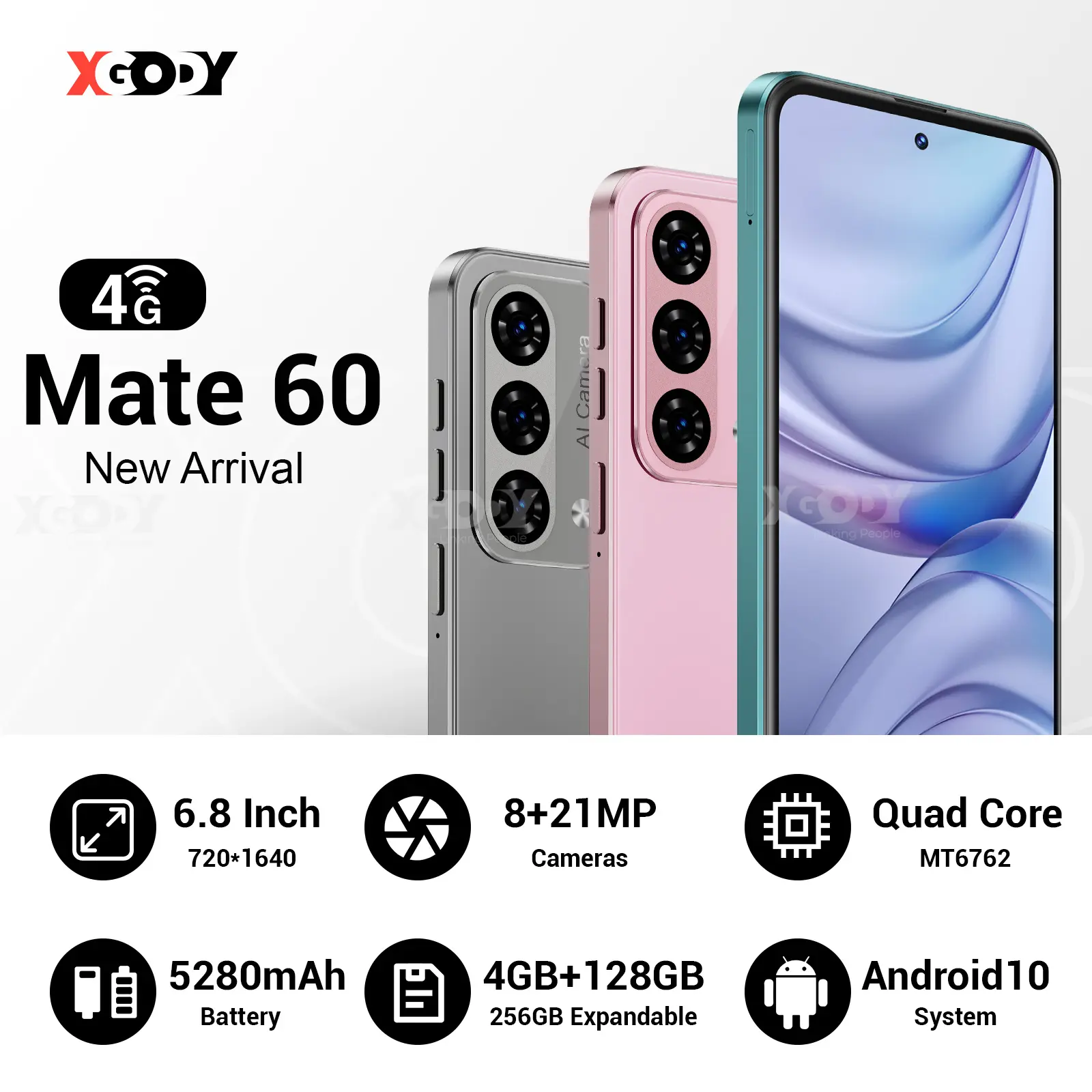 Xgody Unlock Phone Mate 60,6.79 Inch HD+ Screen Smartphone,4G Dual SIM Cheap Mobile Phones 4GB+ 128GB Expanded 1024G 5280mAh 21MP Camera T-Mobile Android Phone with Finger&Face Unlock