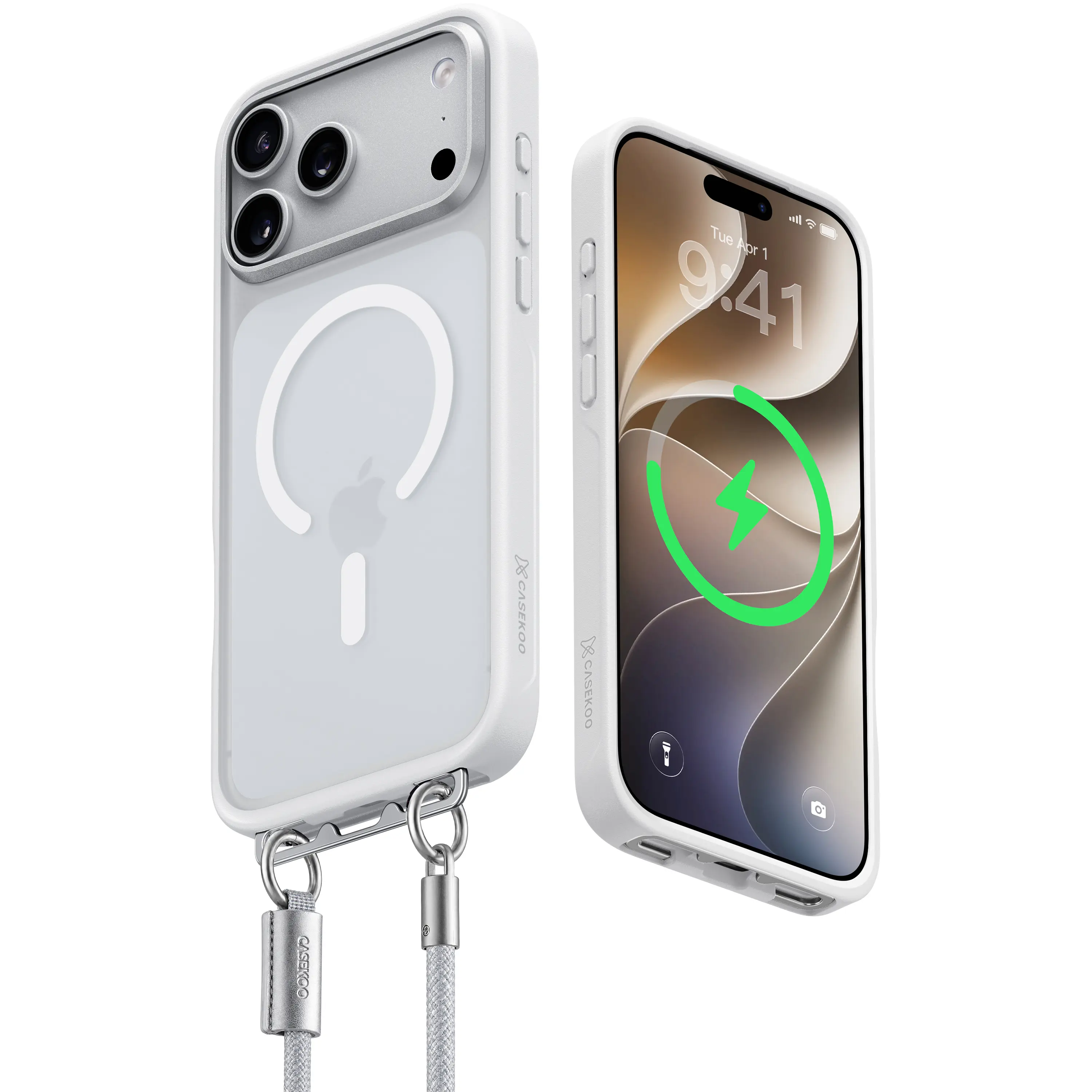 CASEKOO Glossy Magnetic Linkoo Clear Case with Strap for 2026 New iPhone 17/16 Pro Max, Patented ClipSafe - Built-in Foldable Hidden Tab, Anti-Theft Strap, Aluminum Alloy Lens Protection, Silver Frame, Orange