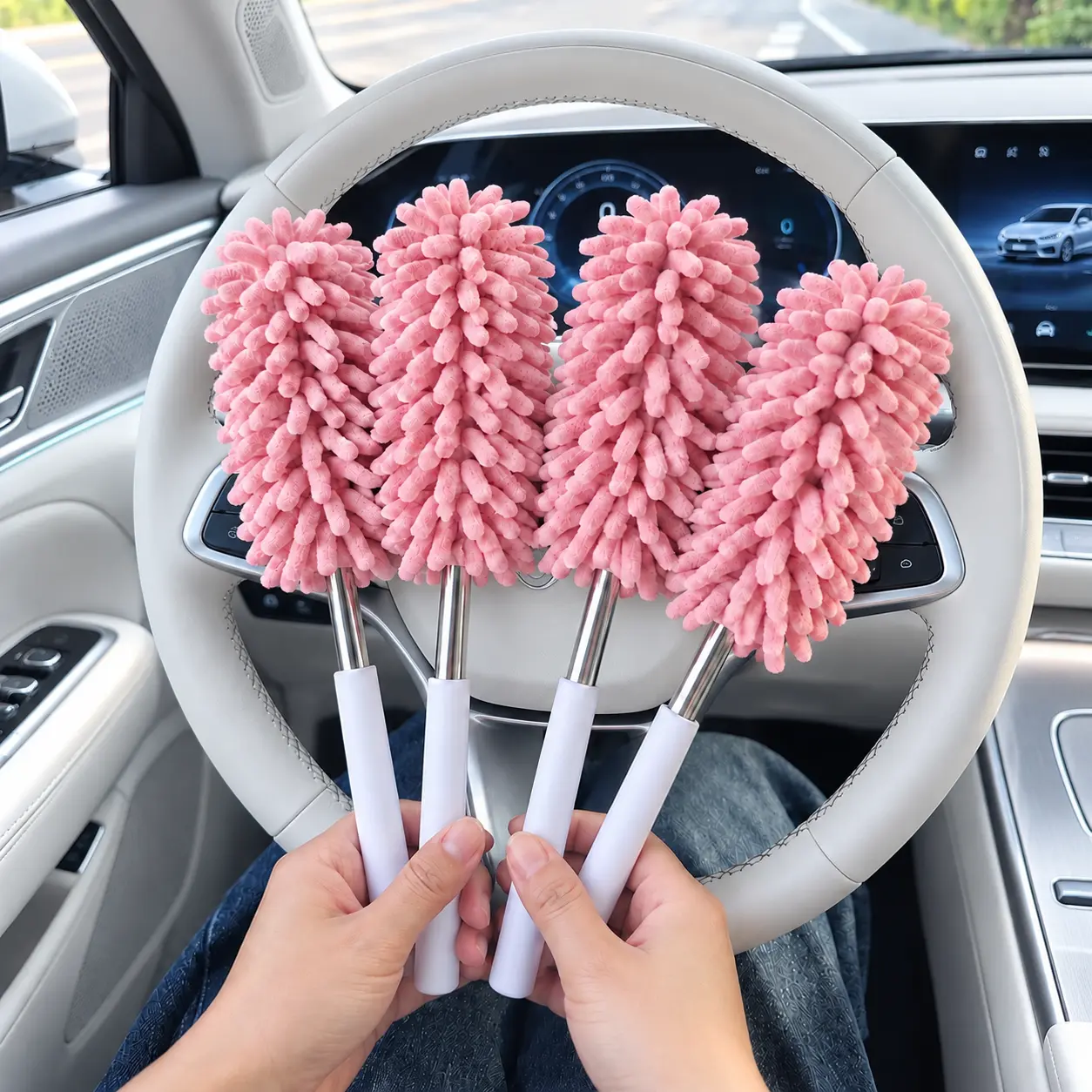 Telescopic Car Cleaning Brush, Extendable Interior Duster with Flexible Pink Head, 10.63 to 30.31 in, Compact Dusting Brush for Dashboard, Vents, Windshield, Console, Home Shelves & Blinds