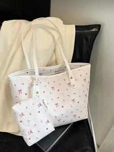 Women's Butterfly, Floral & Bow Print Handbag Set, Floral Tote, Large Capacity Zipper Design, Ideal for Work, Commute, School, Vacation Use