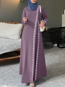 Women's Fashion Long Sleeve Round Neck Solid Color Modesty Casual Tunic Dress, Long Sleeve Dresses, Elegant Lace Trim Robe Style, Perfect for Daily Wear & Special Occasions, Muslim Outfits