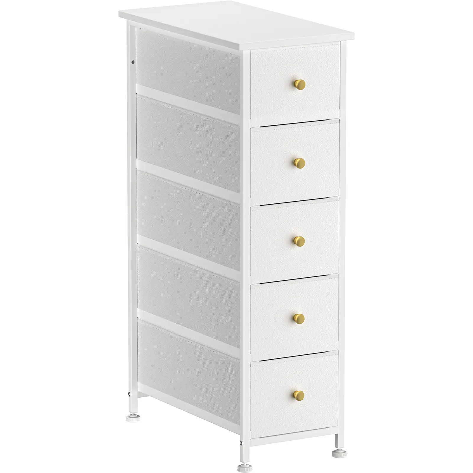 Narrow Drawer Dresser for Bedroom, 5 Fabric Drawer Storage Tower, Chest of Drawers with Steel Frame, Wood Top Nightstand for Bedroom, Small Space, Furniture Organizer Organization