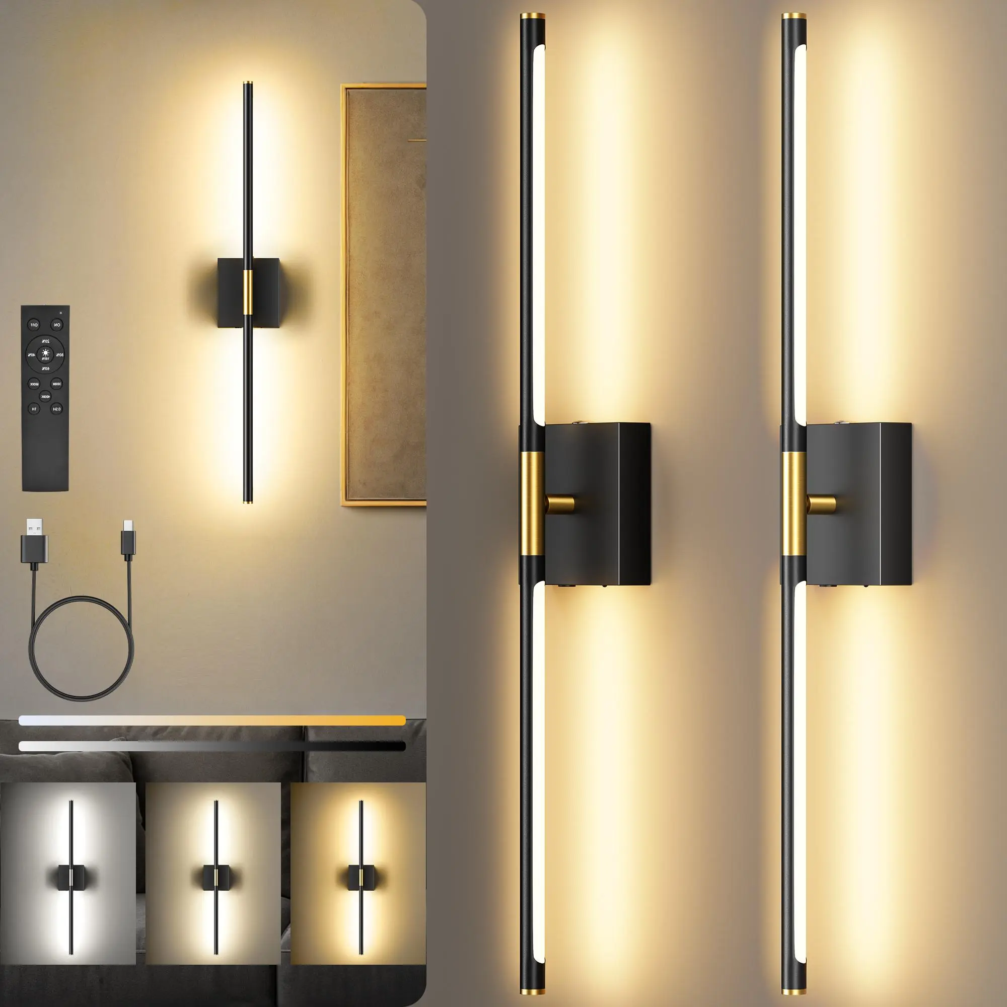 Battery Operated Wall Lights Set of Two, 10000mAH Rechargeable Wall Lights with Remote Control, Dimmable Black Gold LED Wireless Wall Lamps/Wall Sconces for Bedroom, Living Room, Hallway, Dining Room, 360° Rotate 3CCT
