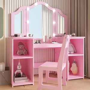 Kids Vanity, Girls Vanity Set with Touch Lights, Princess Makeup Vanity Desk & Chair Set with Detachable Tri-Folding Mirror, Open Storage Shelves & Drawers, Wooden Pretend Play Vanity Set for Girls vanity  led  light