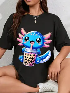 100% Cotton Axolotl Bubble Boba Tea Anime Cute Kawaii Blue Axolotl T-Shirt