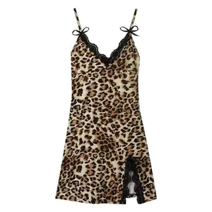 Ladies' Spring And Summer Homewear Featuring a Leopard Print Lace-Trimmed, Sexy V-Neck Slip Dress