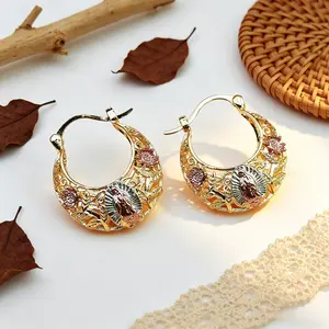 Our Lady of Guadalupe Filigree Hoop Earrings, Vintage Religious Floral Hollowed Earrings, Women’s Jewelry, Gift for Her