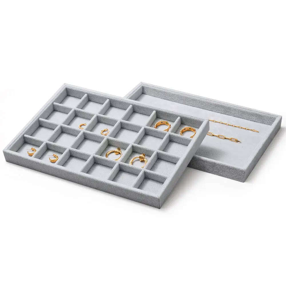 Oirlv Grey Velvet Jewelry Tray for Drawers - 24 Grids Stackable Jewelry Organizer Box, Removable Dividers Display Showcase for Rings, Earrings, Watches