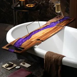 Bathtub tray and stand made of eco-friendly resin and walnut wood.