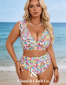 Cloud & Cloth Co. New Plus Size Women's Vibrant Pink Floral Ruffle Trim Bikini Set Beach Outfit V-Neck Sleeveless Two Pieces Bohemian Elegant Swimsuit