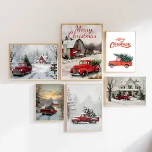 Retro Christmas wall decorations, red truck Christmas decoration poster, country-style Christmas decorations, suitable for living room and rooms