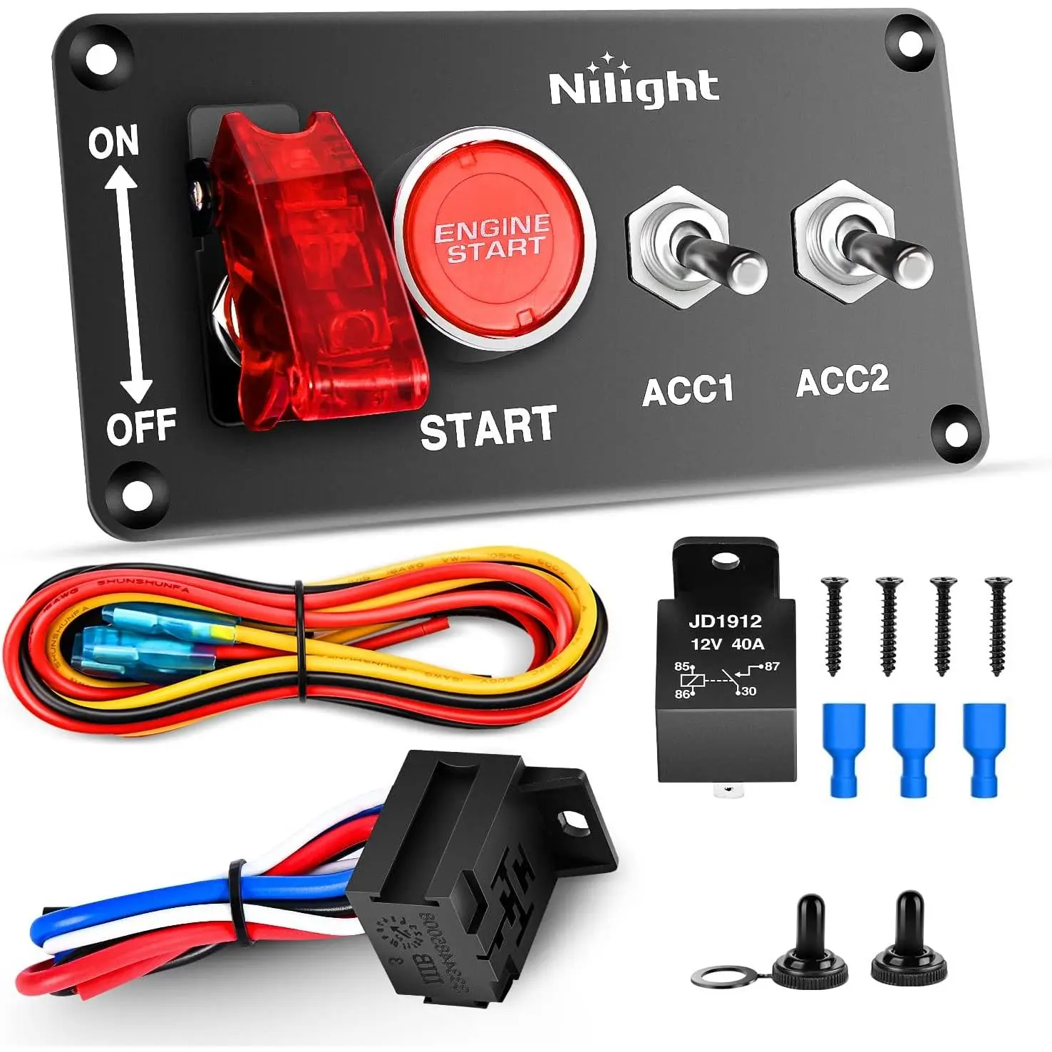 Nilight Ignition Switch Panel 12V 4 in 1 Rocker Switch with Engine Push Button Toggle Switches with Relay Wiring Harness LED for RV Truck Racing Car Boat Marine Trailer