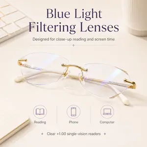 Diamond-Cut Rimless Readers +1.00, Fashion Blue Light Reading Glasses for Women, Elegant Rimless Reading Glasses, Lightweight Metal Blue Light Readers for Daily Use, Sparkling Rimless Readers for Ages 40–45