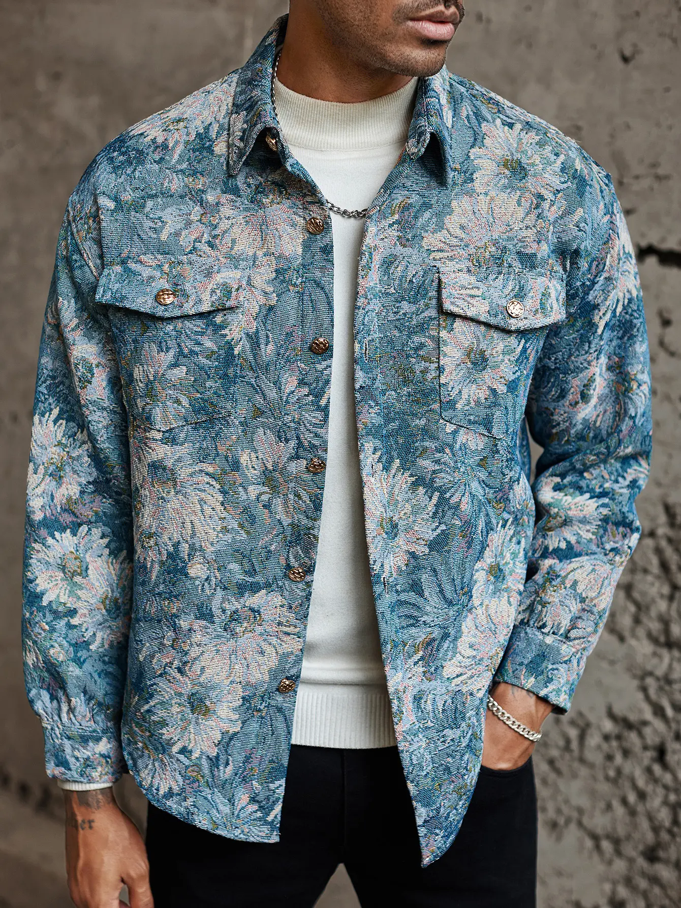 Men's Blue Tapestry Floral Long Sleeve Shacket Coat - Casual Menswear, Vintage Jacquard Pattern, Collar, Relaxed Fit, Button Flap Pockets, Artistic Streetwear Tops, No-Logo, S-XXL, Fast US Shipping #BlueTapestryJacket #VintageStreetwear #TikTokMadeMeBuyIt