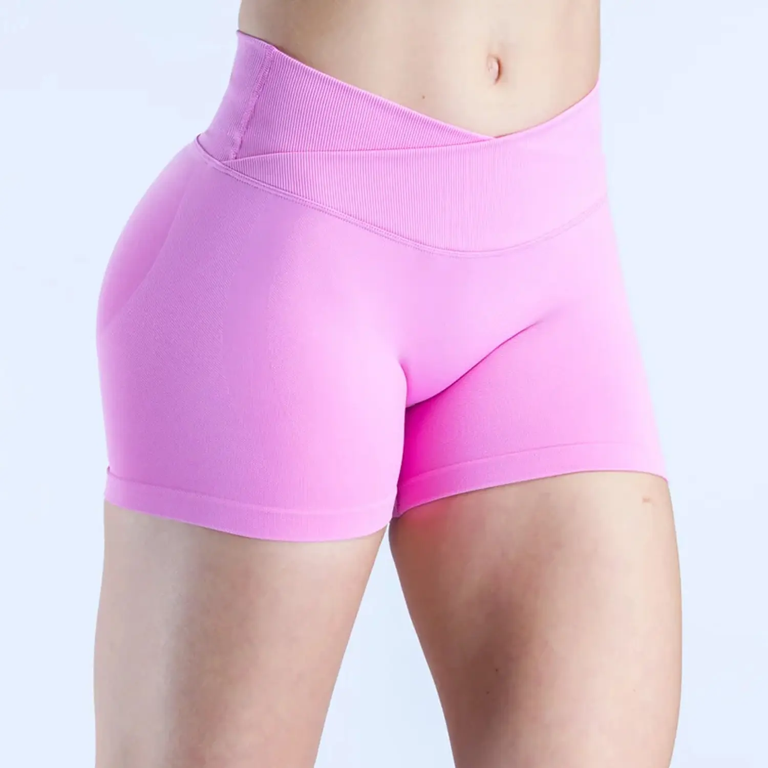 Women's Seamless High Waist Cross V Ribbed Biker Shorts - Nylon Blend, Tummy Control, Butt Lifting Activewear for Yoga, Gym, Sporty Chic Workout Wear, Breathable