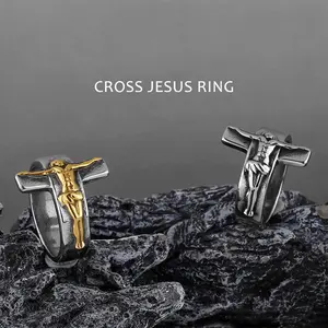 Retro Cross Jesus Stainless Steel Ring for Men & Women Antique Gothic Metal Ring Jewelry Christian Accessories Blessing Gift
