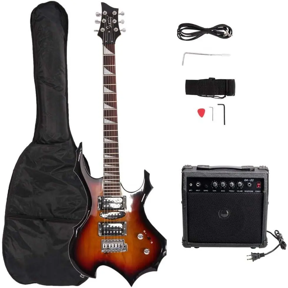 Ktaxon Glarry Electric Guitar Buring Flame Design HSH Pickup for Beginner Right Hand with 20W AMP, Cable, Strap, Bag, Tremolo Arm and Accessories (Sunset)