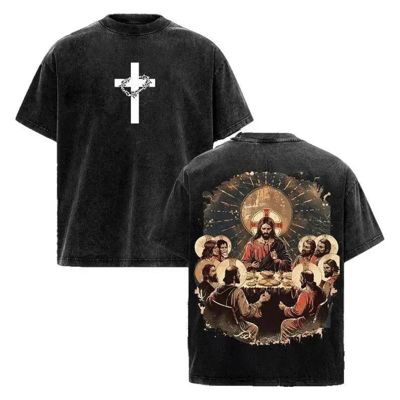 Men's Vintage Retro Short-Sleeve Soft Heavyweight Cotton Acid-Washed Graphic T-Shirt, Oversized Streetwear Tops Clothes with Seamless Rib Round Neck, Sizes S/M/XL