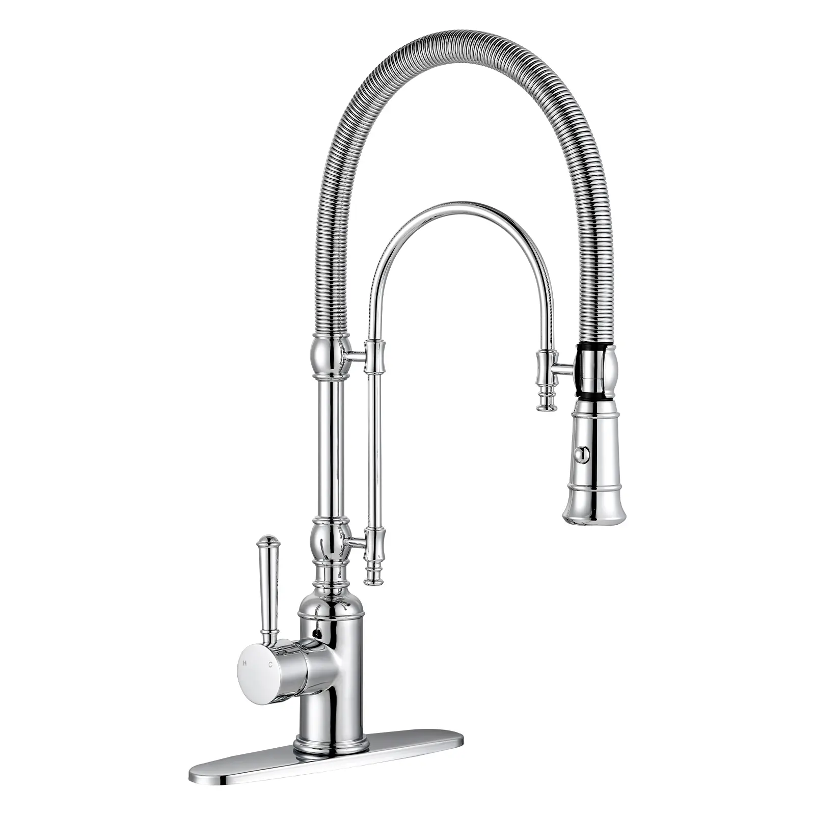 WOWOW Classic Chrome Kitchen Faucet - Single-Handle High Arc Gooseneck Pull-Out Sprayer Water Faucet, 2-Function Dual Stream, Spring Tube, Solid Brass Construction, 1-Hole/3-Hole Fit, Stain Resistant, Flexible Operation, Easy Installation, Modern Kitchen