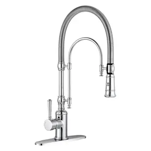 WOWOW Chrome Kitchen Taps - Single-Handle High Arc Gooseneck Pull-Down Sprayer Faucet with 2-Function Sprayer, Spring Tube, Solid Brass Construction