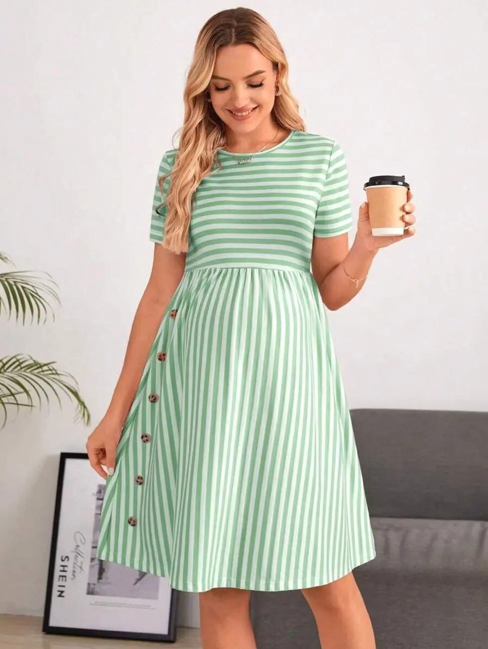 Maternity Striped Button Down Dress, Short Sleeve Casual Pregnancy Clothing for Daily Comfort
