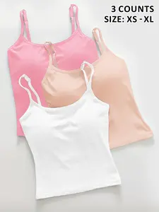 Women's Solid Color Ribbed Tank Top with Padded Bra, Thin Lightweight Casual Underwear, Sexy Crop Top, Womenswear, Available in 1/2/3 Pieces