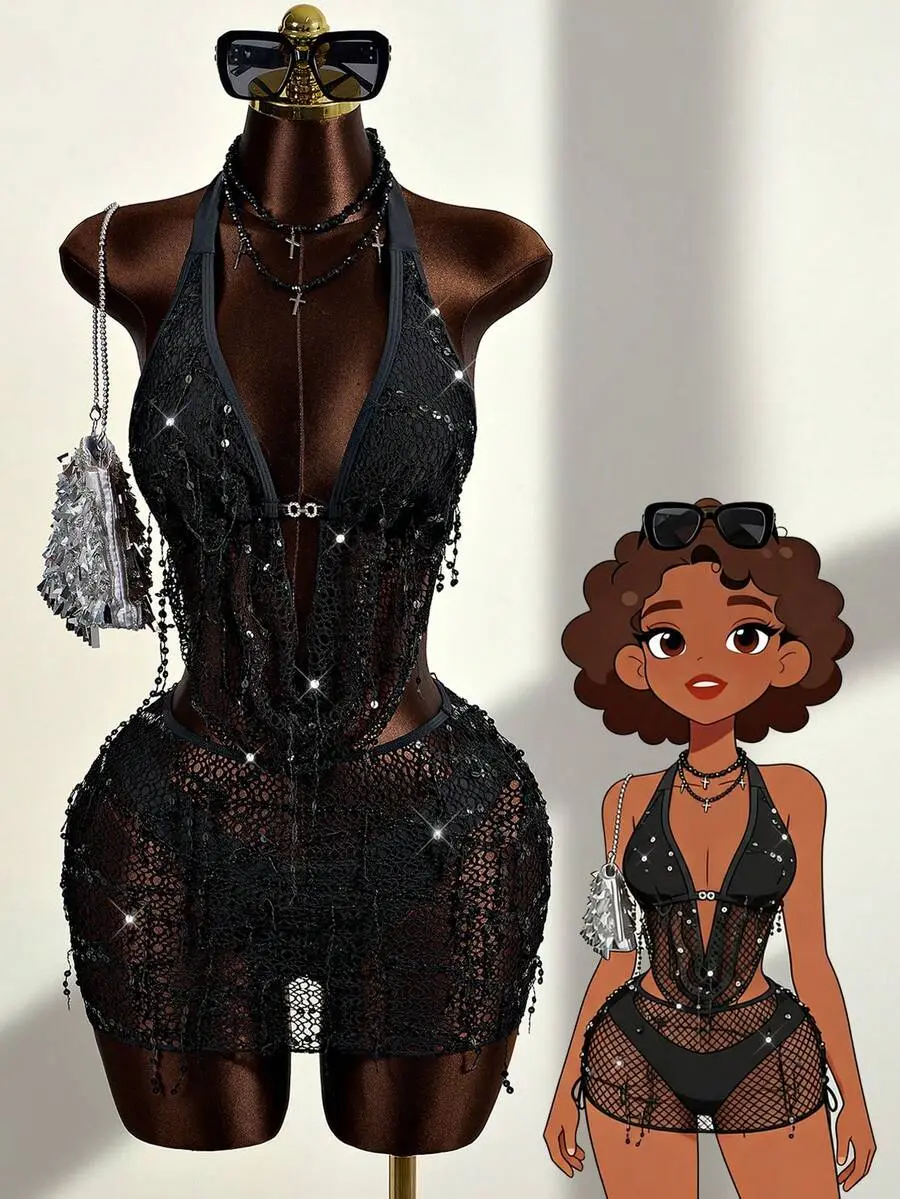 Women's Sequin Tassel Halter Swimsuit 3 Piece Set Deep Plunging V-Neck Bikini with Sheer Mesh Skirt Summer Beach Party Resort Diva Club Outfits