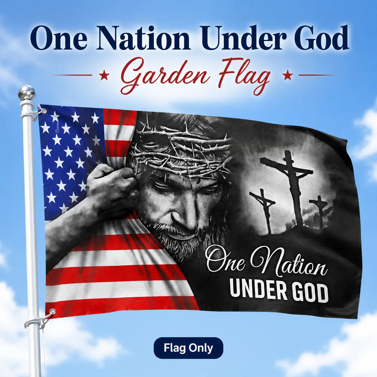 3x5 ft Christian American Flag Decor - "1 Nation Under God" Jesus Design, Double-Sided Heavy-Duty Canvas, Grommets, Fade Resistant, Easy to Hang Outdoor Flag for Church, Memorial Day Home Yd Decor