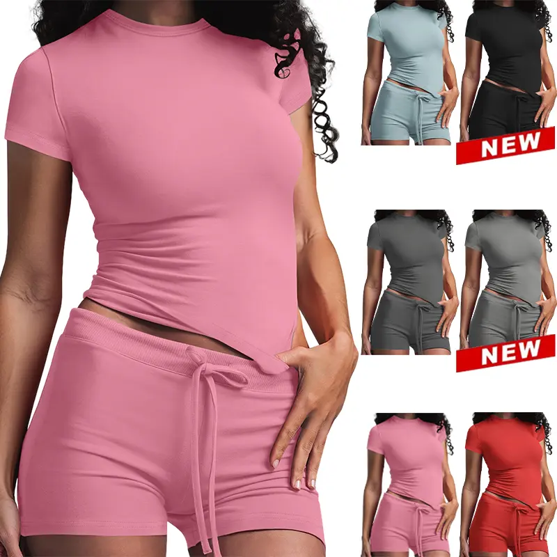 2-piece set of casual sports women's round neck T-shirt and drawstring shorts two-piece set street style clothing furniture, going out, fitness, multi-scene wear